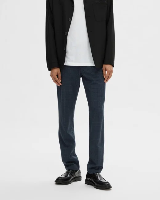 BLUE MID RISE CHECK SLIM PANTS