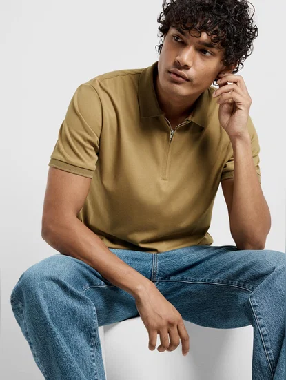 BROWN ZIP-UP POLO T-SHIRT