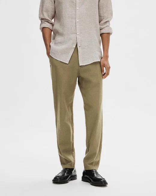 GREEN MID RISE LINEN PANTS