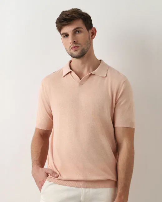 PEACH LINEN POLO T-SHIRT